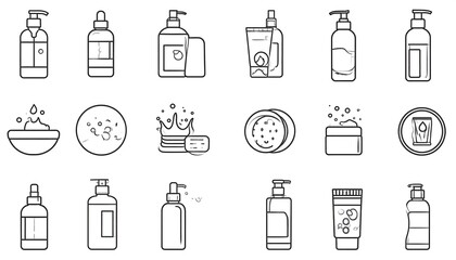 Line art icons depicting various bath and beauty products