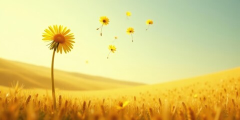 Golden Hour Meadow A Single Sunflower Stands Tall Amidst a Field of Wheat, as Delicate Yellow Blossoms Dance on the Gentle Breeze