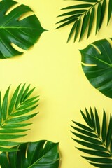 Vibrant Tropical Leaf Composition on Sunny Yellow Background Featuring Monstera and Palm Fronds