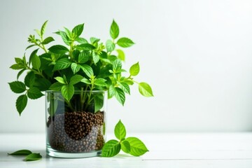 Lush greenery thrives in a clear glass vase filled with dark brown granules, a vibrant display of nature's beauty against a minimalist white backdrop.