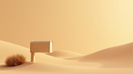 A solitary mailbox stands in a serene, sandy expanse, a symbol of hope and connection in a vast, quiet desert landscape.