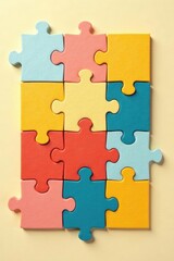 Colorful Interlocking Puzzle Pieces Forming a Complete Rectangular Shape on a Pale Yellow Background