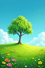 Serene Springtime Landscape A Single Tree Stands Tall on a Gently Rolling Hill Adorned with Vibrant Wildflowers Under a Clear Blue Sky