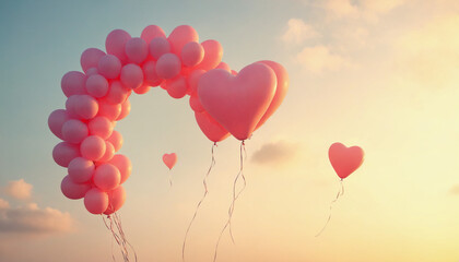 Heart-shaped pink balloons floating in the sky during sunset  