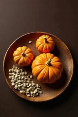 Autumnal Still Life Featuring Three Mini Pumpkins and a Pile of Seeds on a Rustic Wooden Plate