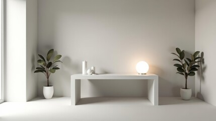 Minimalist Interior Design  Modern White Console Table with Potted Plants and Soft Lighting in a Bright Room