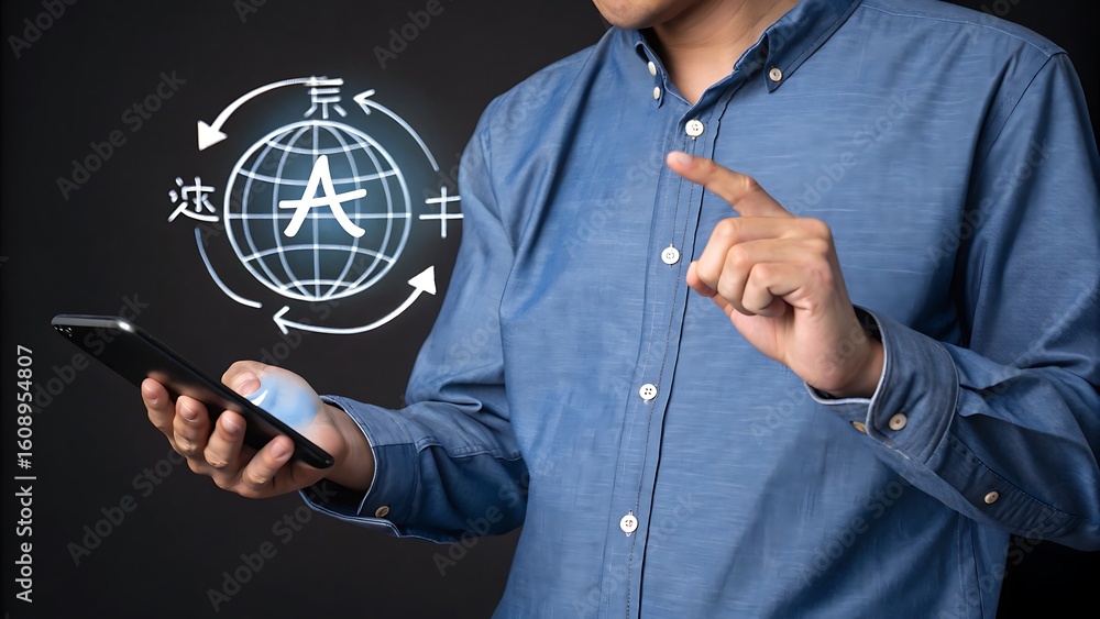 Poster global communication technology: man using smartphone with translation app for worldwide connection 