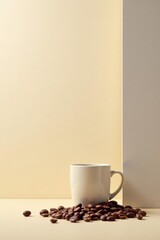 A simple still life featuring a pristine white mug and a scattering of roasted coffee beans against a neutral backdrop