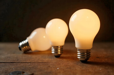 Three glowing light bulbs on rustic wooden surface in warm ambient lighting. 