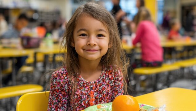 A cheerful young girl with a bright smile sits at a yellow table in a busy school cafeteria, ready to enjoy her healthy lunch.
