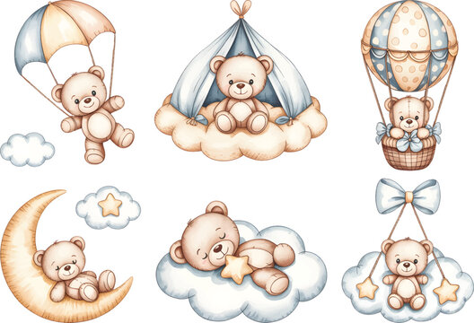 Watercolor baby teddy bear hot air balloon isolated vector illustration on white background. Cute nursery bear illustration.
