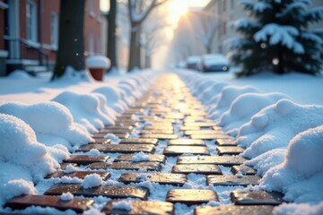 A sunlit winter morning path, snow-dusted cobblestones reflecting golden hour light, tranquil snowy scene, quiet neighborhood street