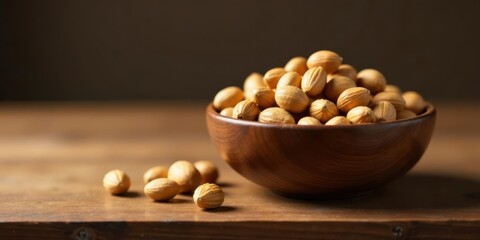 A wooden bowl overflowing with pale, oval-shaped seeds sits on a rustic table, a few seeds scattered nearby.