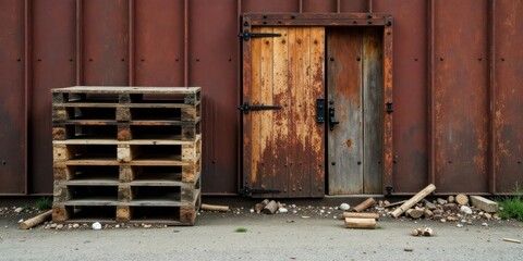 Rustic Wooden Door and Stacked Pallets Against a Weathered Metal Wall