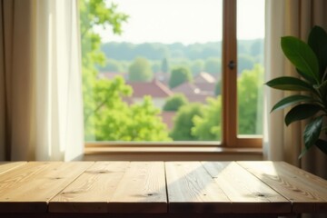 Sunlit Wooden Tabletop Near a Window with a Verdant View