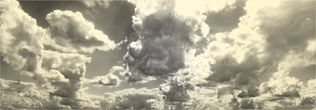 Black clouds in morning sunny gradient sky with halftone effect Polka dot texture bg. Dramatic thunderclouds in pop art comics style. Retro Fluffy dotted cloudy background. Vector illustration