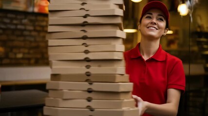 Delivery person balancing pizza boxes