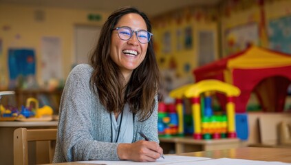A joyful educator in a colorful classroom smiles warmly while preparing engaging activities for her young students, fostering a positive and