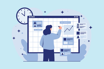 Project Management and Planning: Woman Creating a Timeline on a Digital Board flat vector illustration