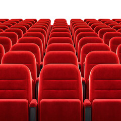 Obraz premium Rows of empty red theater seats facing forward in a darkened auditorium isolated on transparent background