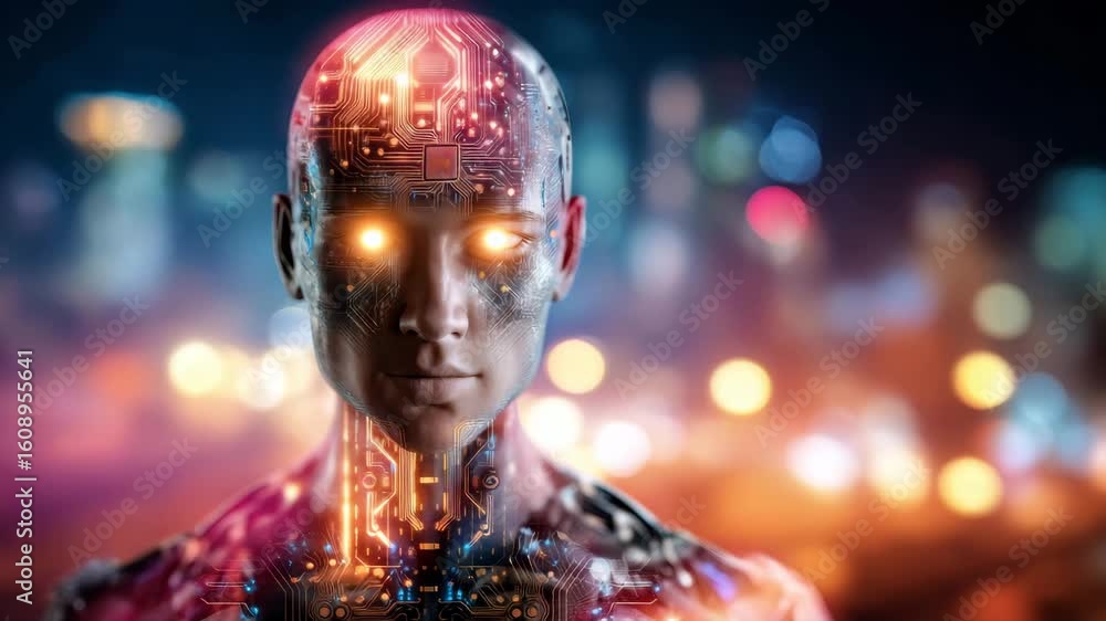 Poster futuristic humanoid robot with glowing circuitry and bokeh city lights in the background