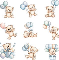 Watercolor baby teddy bear hot air balloon isolated vector illustration on white background. Cute nursery bear illustration.