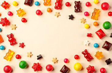 Gummy bears, jelly candies, chocolates and sweets forming a border on beige background, flat lay style, concept of sweet treats and snacks