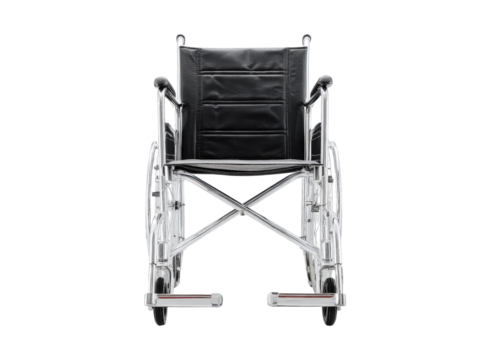 Chrome wheelchair black seat medical disability equipment. Isolated On Transparent Background