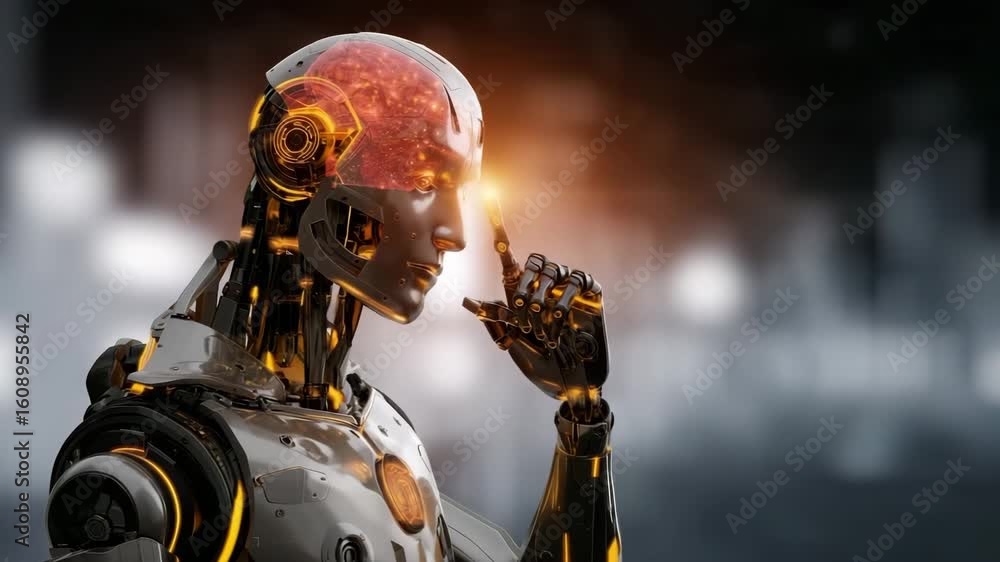 Poster futuristic robot with glowing brain engaged in thinking gesture under modern technology background