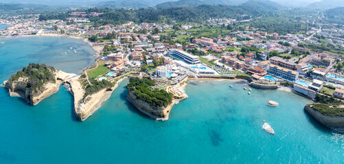 panoramic aerial landscape view of coastline in Sidari and Melitsa,, located in north part of Corfu...