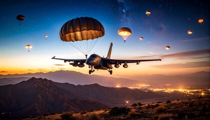 Military aircraft deploying paratroopers at sunset over mountains