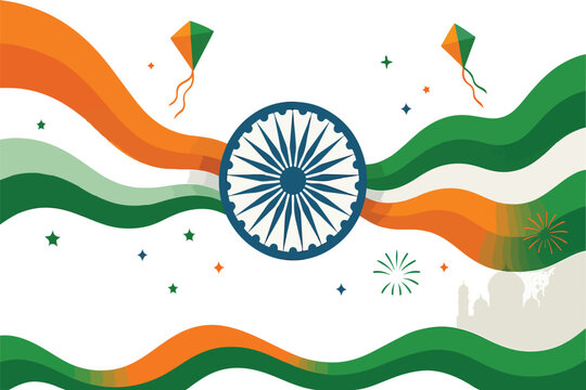 Celebrate Indian Independence Day with Tricolor Waves and Ashoka Chakra – 15th August National Flag Theme, Patriotic Kites, Fireworks, and Cultural Pride Design
