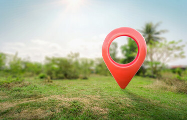 Land for sale with location pin icon on earth and green grass in real estate sale or property...