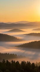 Naklejka premium a stunning view golden sunrise over the misty mountain forest, sunrise in nature , wallpaper background design