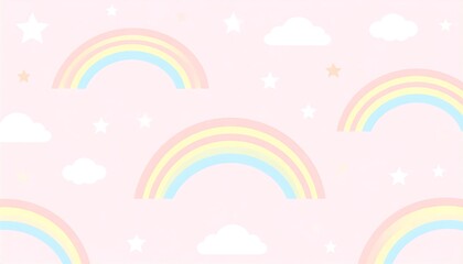 Pastel rainbows, clouds, and stars on a pink background