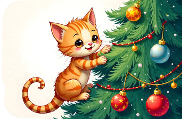 Cute kitten climbing decorated Christmas tree with ornaments and lights. 