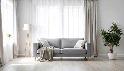 Bright living room with grey sofa, sheer curtains, and potted plant