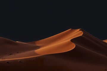 A sunlit sand dune peak stands out against the shadows of a vast desert landscape