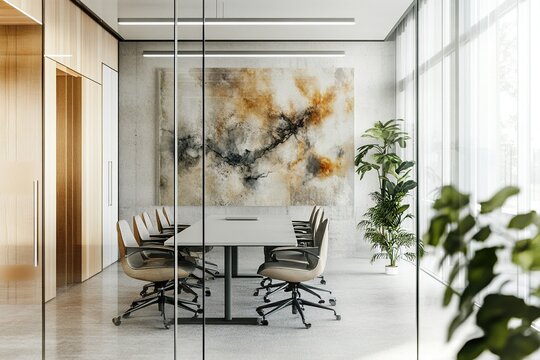A modern glass office meeting room with abstract wall art and Scandinavian-style furniture, featuring clean lines and lush greenery.