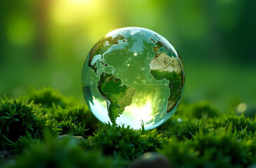 Transparent Earth globe showing continents placed on vibrant moss, realistic style, blurred forest background, concept of sustainability and nature