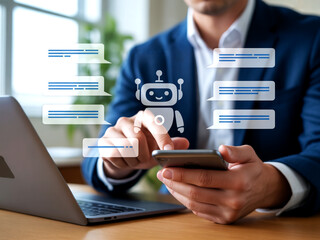 AI Chatbot Interaction – Businessman Using Smartphone with Virtual Assistant Icons for Digital Communication