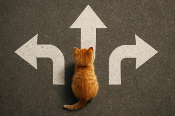 Generative AI:  little kitty standing next to three direction arrow choices, left, right or move forward
