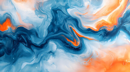 Vibrant fantasy illustration painting featuring a modern abstract composition with swirling blue and fiery orange hues blending dynamically in bold shapes and textured brush strokes