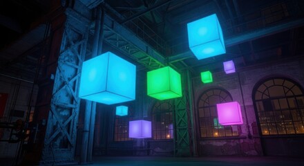 Industrial space, vibrant glowing cubes