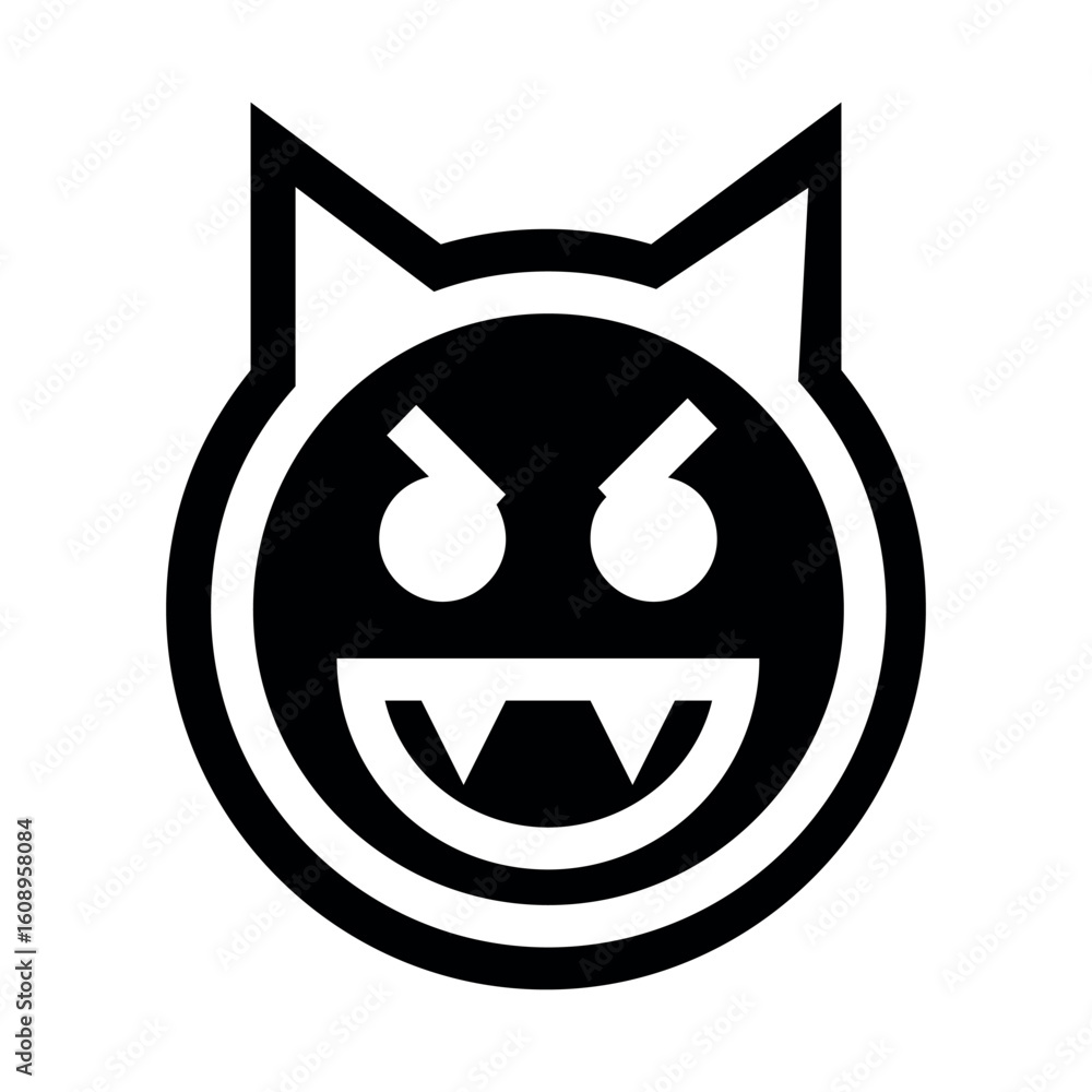 Poster black and white graphic of a cartoonish devil face with pointy ears and an angry expression displaye