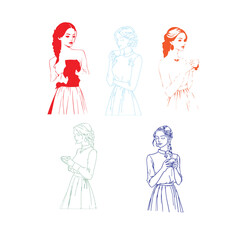 Set of sketches of beautiful and diverse female fashion outfits