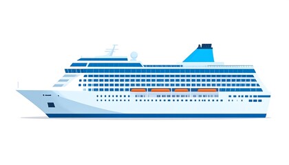 Side profile of a large, white cruise ship with blue and orange accents