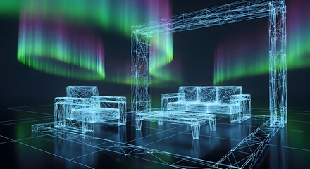 Futuristic Digital Wireframe Interior Design with Northern Lights