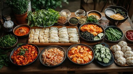 Farewell party with plates of japchae bibimbap mandu dumplings and desserts accompanied by farewell notes and gifts