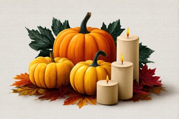 Warm autumn scene with pumpkins candles and fall leaves
